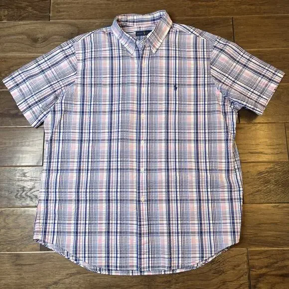 Polo Ralph Lauren Shirt Pink‎ Blue Plaid Seersucker Short Sleeve Pony Men’s XL - Picture 2 of 6